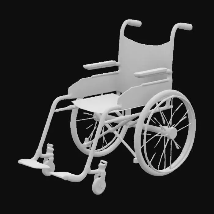 3D model for Stylized 3D model of a wheelchair for wheelchair basketball. Features a lightweight aluminum frame, angled large rear wheels for agility, and small front caster wheels for stability. Ergonomic padded seat for comfort, with protective guards around wheels. Sleek, sporty design with bold curves and vibrant colors. Optimized for real-time rendering in Unity, with clean topology and minimal polygons while keeping high-quality textures. Cartoon-style with exaggerated proportions
