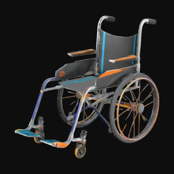 3D model for Stylized 3D model of a wheelchair for wheelchair basketball. Features a lightweight aluminum frame, angled large rear wheels for agility, and small front caster wheels for stability. Ergonomic padded seat for comfort, with protective guards around wheels. Sleek, sporty design with bold curves and vibrant colors. Optimized for real-time rendering in Unity, with clean topology and minimal polygons while keeping high-quality textures. Cartoon-style with exaggerated proportions
