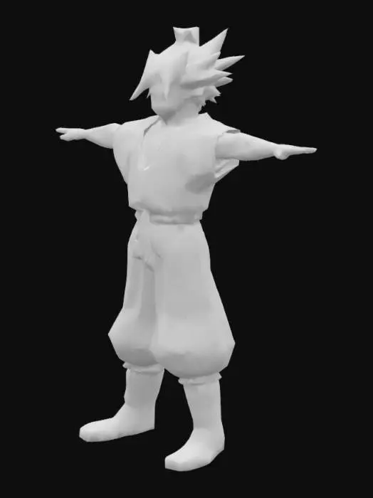 3D model for stylized male anime character with warrior like clothes without armor in a t pose, blue hair with green clothes
