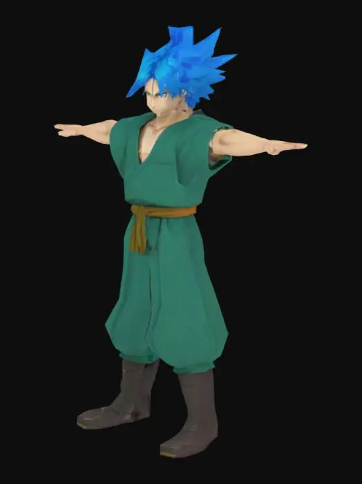 3D model for stylized male anime character with warrior like clothes without armor in a t pose, blue hair with green clothes
