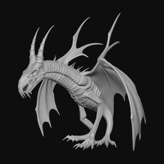 3D model for A dark horror dragon creature, game ready mid poly 3D model. 
Long neck, large skull head, sharp horns, bat wings, gothic fantasy style. 
Inspired by ink horror illustration, high contrast, menacing, skeletal details, no cartoon. 
Clean topology, separate parts for head, jaw, wings and horns. 
Neutral pose, symmetrical, no background, UV unwrapped, designed for video game engine.