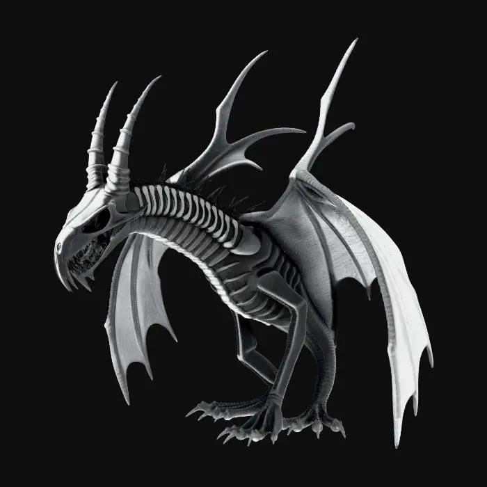 3D model for A dark horror dragon creature, game ready mid poly 3D model. 
Long neck, large skull head, sharp horns, bat wings, gothic fantasy style. 
Inspired by ink horror illustration, high contrast, menacing, skeletal details, no cartoon. 
Clean topology, separate parts for head, jaw, wings and horns. 
Neutral pose, symmetrical, no background, UV unwrapped, designed for video game engine.