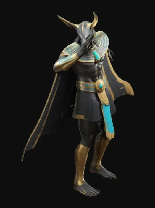 3D model for The Egyptian God Anubis. t-pose character. With armor plated claw hands. 