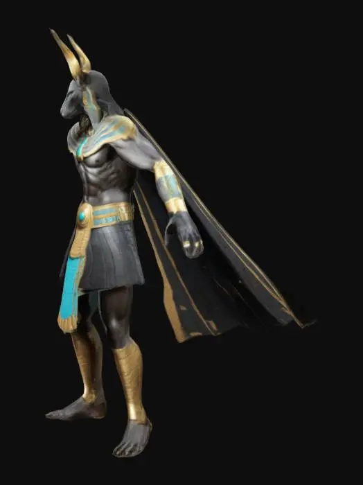 3D model for The Egyptian God Anubis. t-pose character. With armor plated claw hands. 
