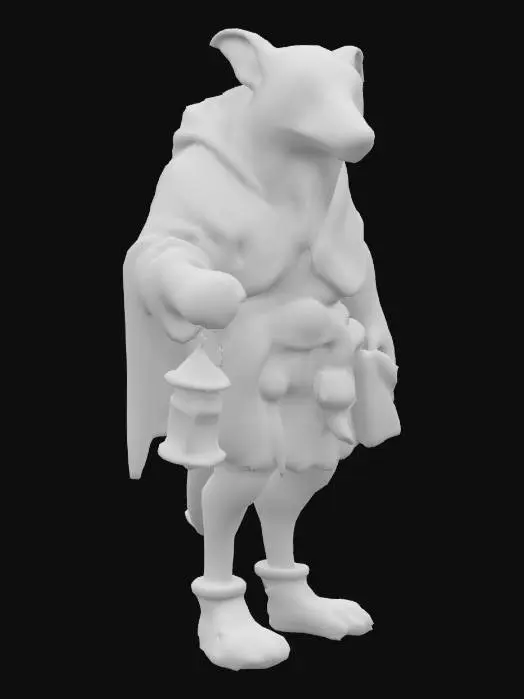 3D model for Wandering trader D&D figurine: an old bipedal dog, upright with mangy fur, a distended belly, and two sagging double chins framing a jowly, wrinkled face. Her cloak, tattered and stained, barely hides nine drooping nipples, hinting at something unsettling beneath. Sharp eyes glint with secrets, and one ear is torn from some long-forgotten scuffle. Trinkets and pouches hang from her belt, full of strange goods and whispered deals. A crooked lantern or staff made of bone and brass rests in her paw. There’s something off—could she be a skinwalker? Her smile is never quite warm. Is she just a trader, or something far more dangerous? Her age is felt in every fold and sag, but her presence commands wary respect
