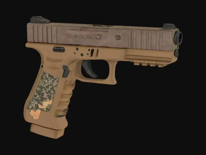 3D model for {
  "subject": "Cartoon-Realistic Glock 17 with Desert Camo",
  "style": ["stylized realism", "tactical cartoon look", "clean shapes", "PBR rendering"],
  "material": ["matte polymer in desert tones", "dark metal slide", "textured grip with camo accents"],
  "details": ["subtle desert camo patterns", "clean edge highlights", "contrast between frame and slide"],
  "purpose": {
    "context": "game asset",
    "genre": "stylized shooter",
    "requirements": ["low-poly", "VR-ready"]
  },
  "texture": {
    "description": "Stylized PBR with soft shading, light sand tones, and tactical camo elements",
    "mapping": "UV-mapped for clean rendering"
  }
}