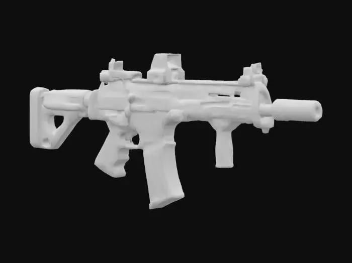 3D model for {
  "subject": "Cartoon-Realistic MP5 Black & Camo",
  "style": ["stylized realism", "cartoon-realistic", "PBR stylized rendering"],
  "material": ["matte black polymer body", "selective camo accents", "black anodized metal"],
  "details": ["clean highlights", "selective camo placement", "tactical finish"],
  "purpose": {
    "context": "game asset",
    "requirements": ["VR-ready", "HDR", "8K"]
  },
  "texture": {
    "description": "PBR black base with strategic camo accents",
    "color_palette": ["matte black", "dark olive", "forest green", "charcoal grey"]
  },
  "design_concept": {
    "base_color": "deep matte black (70%)",
    "camo_placement": ["handguard", "stock panels", "grip texture"],
    "camo_pattern": "geometric urban/woodland hybrid (30%)"
  }
}
