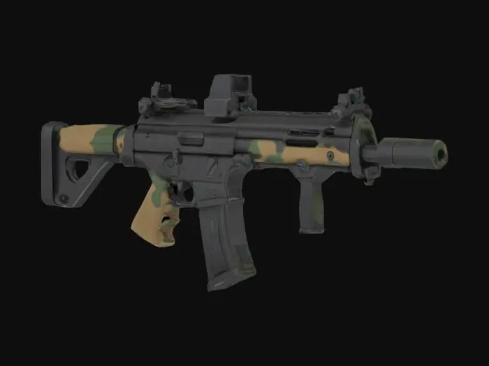 3D model for {
  "subject": "Cartoon-Realistic MP5 Black & Camo",
  "style": ["stylized realism", "cartoon-realistic", "PBR stylized rendering"],
  "material": ["matte black polymer body", "selective camo accents", "black anodized metal"],
  "details": ["clean highlights", "selective camo placement", "tactical finish"],
  "purpose": {
    "context": "game asset",
    "requirements": ["VR-ready", "HDR", "8K"]
  },
  "texture": {
    "description": "PBR black base with strategic camo accents",
    "color_palette": ["matte black", "dark olive", "forest green", "charcoal grey"]
  },
  "design_concept": {
    "base_color": "deep matte black (70%)",
    "camo_placement": ["handguard", "stock panels", "grip texture"],
    "camo_pattern": "geometric urban/woodland hybrid (30%)"
  }
}

