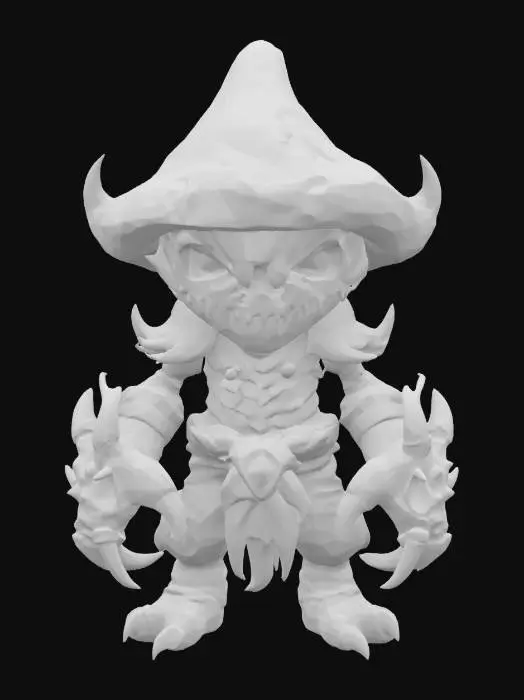 3D model for Stylized cartoon shadow mushroom boss, humanoid made of dark twisted bark and shadowy fungi, head shaped like a cracked mushroom cap with eerie purple glowing cracks, mist and wisps of dark smoke swirling around, two glowing violet eyes with slit pupils, mouth is a jagged shadowy rift emitting faint purple light, arms ending in sharp shadow claws, back covered in shadowy spines flickering with dark energy, shoulders armored with cracked dark stone plates, small glowing parasitic mushroom on one shoulder emitting soft purple glow, legs covered in shadow-scaled plates leaving dark smoky footprints, color palette of deep purples, black, dark gray, with soft shading and flat colors, towering and mysterious but cartoonish, fits charming fantasy world

