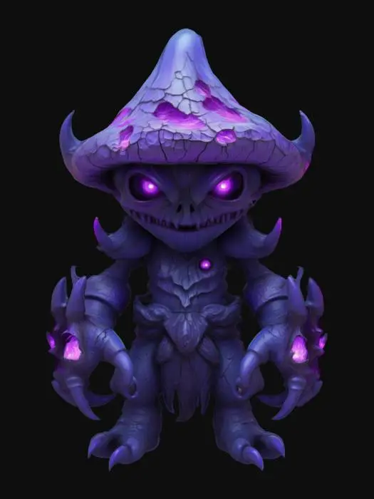 3D model for Stylized cartoon shadow mushroom boss, humanoid made of dark twisted bark and shadowy fungi, head shaped like a cracked mushroom cap with eerie purple glowing cracks, mist and wisps of dark smoke swirling around, two glowing violet eyes with slit pupils, mouth is a jagged shadowy rift emitting faint purple light, arms ending in sharp shadow claws, back covered in shadowy spines flickering with dark energy, shoulders armored with cracked dark stone plates, small glowing parasitic mushroom on one shoulder emitting soft purple glow, legs covered in shadow-scaled plates leaving dark smoky footprints, color palette of deep purples, black, dark gray, with soft shading and flat colors, towering and mysterious but cartoonish, fits charming fantasy world

