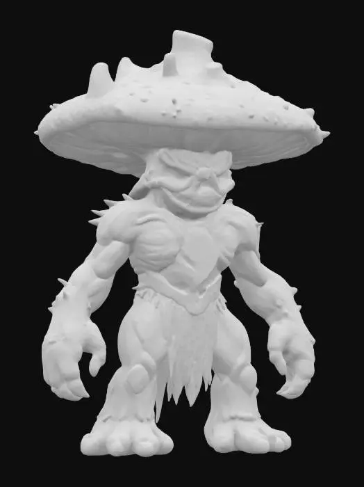 3D model for "A stylized cartoon boss monster: a giant humanoid fire mushroom elemental. Its body is made of charred wood with glowing lava cracks. A jagged mushroom cap shaped like a volcano sits atop, dripping lava. Ember particles rise from its body. Its glowing red eyes sit in a barky face, and the mouth is a glowing volcanic fissure. Arms end in obsidian claws, and basalt spikes protrude from its back. Molten armor covers shoulders, with a smaller parasitic mushroom on one side. Its steps leave scorched marks. The palette is black, lava red, ember orange, and ash yellow. Designed in T-pose or A-pose for rigging."