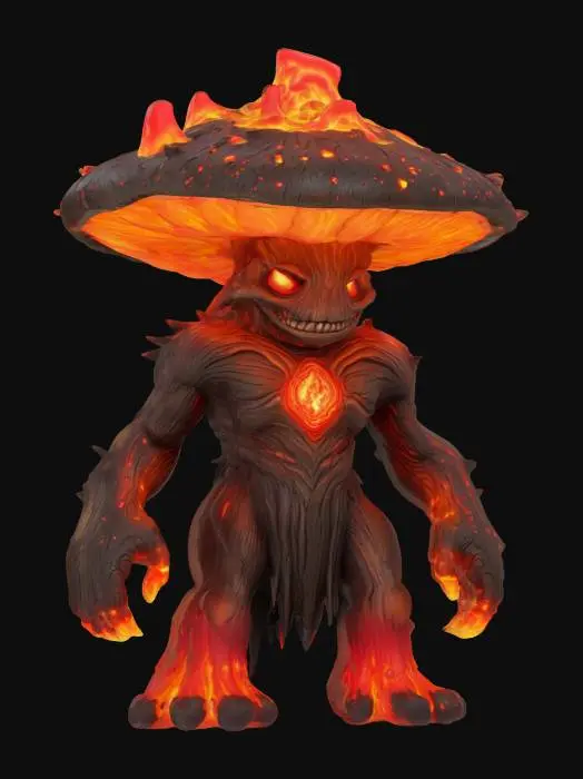 3D model for "A stylized cartoon boss monster: a giant humanoid fire mushroom elemental. Its body is made of charred wood with glowing lava cracks. A jagged mushroom cap shaped like a volcano sits atop, dripping lava. Ember particles rise from its body. Its glowing red eyes sit in a barky face, and the mouth is a glowing volcanic fissure. Arms end in obsidian claws, and basalt spikes protrude from its back. Molten armor covers shoulders, with a smaller parasitic mushroom on one side. Its steps leave scorched marks. The palette is black, lava red, ember orange, and ash yellow. Designed in T-pose or A-pose for rigging."