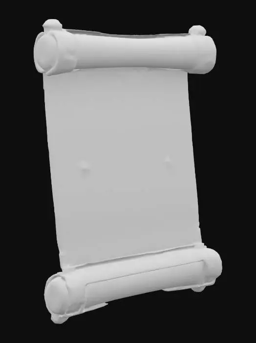 3D model for A majestic emblem shaped like a partially unrolled, convex papyrus scroll, crafted from radiant, textured gold. The scroll features intricate golden engravings and is framed by a thick, ornate gold border with elaborate filigree and reliefs. At the top, bottom, left, and right, large, luminous gemstones shine brilliantly, set in decorative gold mounts. Deep black, elegant calligraphy lines adorn the golden scroll. The entire emblem glows with an golden aura. No background. #emblem#