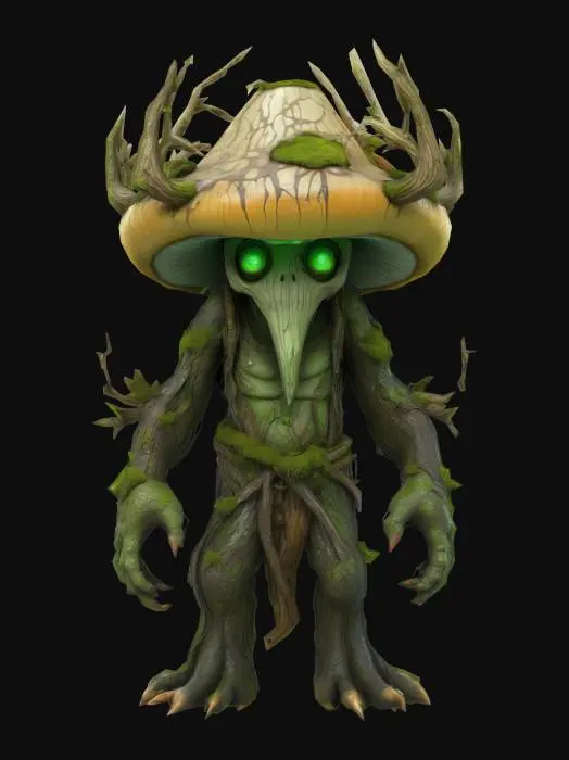 3D model for An ancient forest guardian boss creature in a stylized cartoon style. Its head is a massive, weathered mushroom cap covered in moss and cracks. The body is tall, humanoid, and made of bark, roots, and fungus, with large twisted branches growing from its shoulders and back like antlers. Glowing green patterns pulse faintly along its limbs. Its eyes glow a deep green, exuding timeless wisdom and sorrow. The creature looks extremely old, with its posture slow and heavy, as if carrying centuries of burden. Vines and lichen drape from its arms and legs like robes. It radiates an aura of ancient power and forest magic, suited as a wise but dangerous boss in a magical forest environment.
