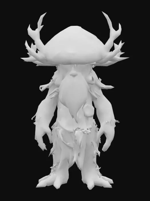 3D model for Aktualisierter Prompt (EN):
An ancient forest guardian boss creature in a stylized cartoon style. Its head is a massive, weathered mushroom cap covered in moss and cracks. The body is tall, humanoid, and made of bark, roots, and fungus, with large twisted branches growing from its shoulders and back like antlers. Glowing green patterns pulse faintly along its limbs.. A thick beard made of hanging moss and tangled twigs grows from its chin, swaying as it moves. The creature looks extremely old, with its posture slow and heavy, as if carrying centuries of burden. Vines and lichen drape from its arms and legs like robes. It radiates an aura of ancient power and forest magic, suited as a wise but dangerous boss in a magical forest environment. He doesnt has an ugly humanly face, he is wise