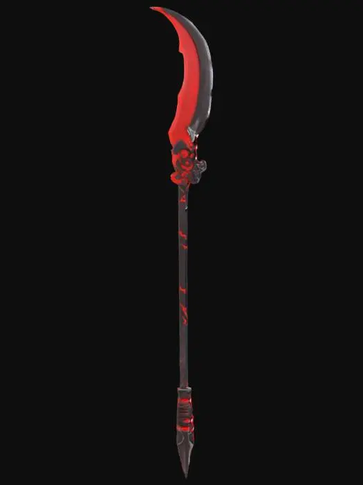 3D model for {
  "subject": "Dark Blood Glaive",
  "style": ["dark fantasy polearm", "menacing design", "detailed 3D model"],
  "material": ["black steel blade", "blood-red crystals", "dark metal shaft"],
  "details": ["curved single-edged blade", "glowing red runes", "crimson bindings"],
  "structure": {
    "blade": "curved glaive head with red crystal veins",
    "shaft": "long dark pole with red wrappings",
    "pommel": "obsidian spike with red core"
  },
  "keywords": ["glaive", "polearm", "dark weapon", "red crystals", "black steel"]
}
