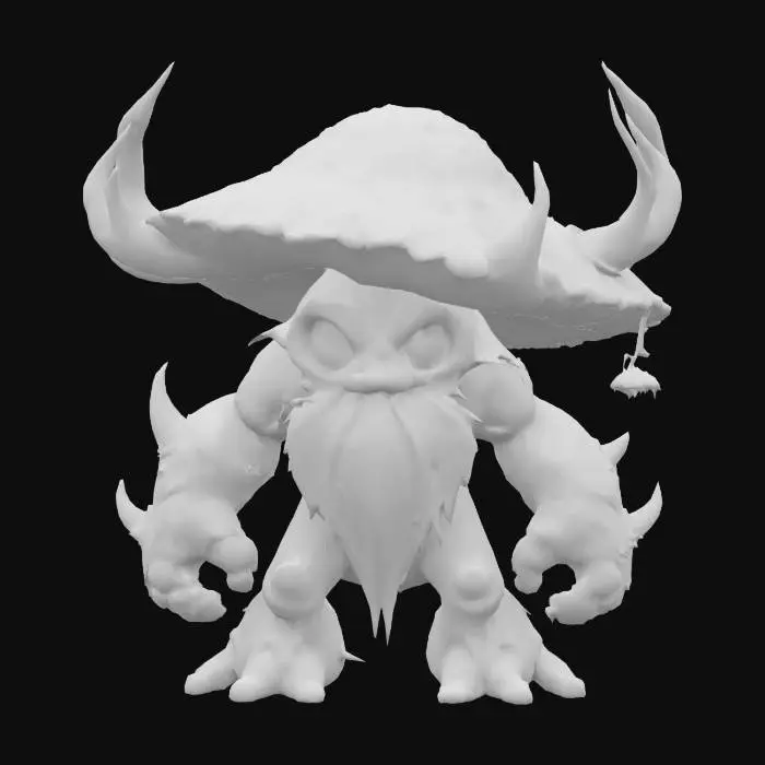 3D model for Stylized cartoon forest guardian boss creature, ancient and towering, with a massive cracked mushroom cap head shaped like a volcanic crater, molten lava glowing and dripping from edges, big glowing round eyes with slitted pupils, glowing green patterns pulsing softly along chunky bark and fungus limbs, oversized twisted branch antlers growing from shoulders and back, thick moss and vine beard swaying gently, soft flowing shapes and flat colors, slow heavy posture radiating ancient power, vines and lichen hanging like robes, cute but powerful, magical forest aura, 2D cartoon fantasy style, minimal detail, bright glowing eyes full of life and menace, game-ready boss design

