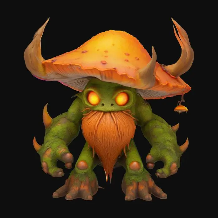 3D model for Stylized cartoon forest guardian boss creature, ancient and towering, with a massive cracked mushroom cap head shaped like a volcanic crater, molten lava glowing and dripping from edges, big glowing round eyes with slitted pupils, glowing green patterns pulsing softly along chunky bark and fungus limbs, oversized twisted branch antlers growing from shoulders and back, thick moss and vine beard swaying gently, soft flowing shapes and flat colors, slow heavy posture radiating ancient power, vines and lichen hanging like robes, cute but powerful, magical forest aura, 2D cartoon fantasy style, minimal detail, bright glowing eyes full of life and menace, game-ready boss design

