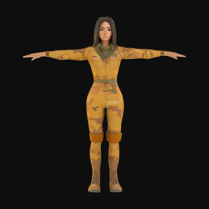 3D model for Eine schlanke, weibliche Soldatin im Cartoon-Stil steht in einer sauberen T-Pose. Sie trägt eine langärmlige Uniform mit einem glatten, mehrfarbigen Wüstentarnmuster in Ocker, Hellgrau und Khaki, die ihren Körper vollständig bedeckt. Der Stoff weist keine freiliegende Haut auf. Ihre weichen, sauber modellierten Kurven und ihr ruhiger Gesichtsausdruck sind für eine effiziente Rendering-Optimierung als Spielcharakter gestaltet.