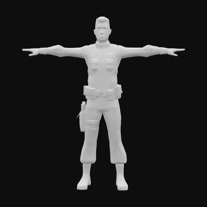 3D model for Ein schlanker Soldat im Cartoon-Stil, ausgestattet mit einer sauber geschnittenen Uniform in einem mehrfarbigen Wüstentarnmuster, das glatte Stoffoberflächen zeigt und Ocker, Hellgrau und Khaki kombiniert. Sein Gesicht trägt einen ruhigen, leicht offenen Ausdruck, passend für einen vielseitigen Spielcharakter. Dunkelbraune, matte Kunststoffriemen und leicht verglaste, dunkelbronze-farbene Schnallen fügen einfache Details hinzu. Die Form des Charakters ist sauber mit weichen Kurven modelliert, optimiert für effizientes Rendering. T-Pose.