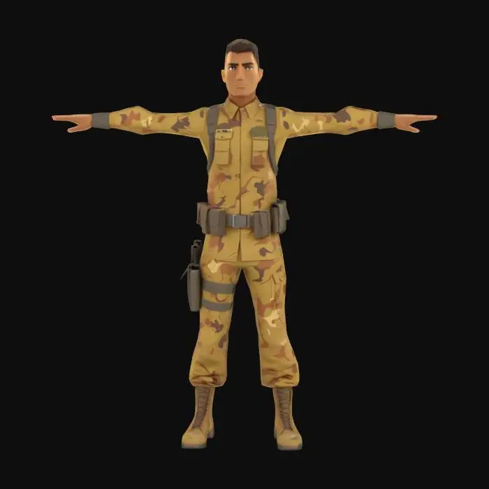 3D model for Ein schlanker Soldat im Cartoon-Stil, ausgestattet mit einer sauber geschnittenen Uniform in einem mehrfarbigen Wüstentarnmuster, das glatte Stoffoberflächen zeigt und Ocker, Hellgrau und Khaki kombiniert. Sein Gesicht trägt einen ruhigen, leicht offenen Ausdruck, passend für einen vielseitigen Spielcharakter. Dunkelbraune, matte Kunststoffriemen und leicht verglaste, dunkelbronze-farbene Schnallen fügen einfache Details hinzu. Die Form des Charakters ist sauber mit weichen Kurven modelliert, optimiert für effizientes Rendering. T-Pose.
