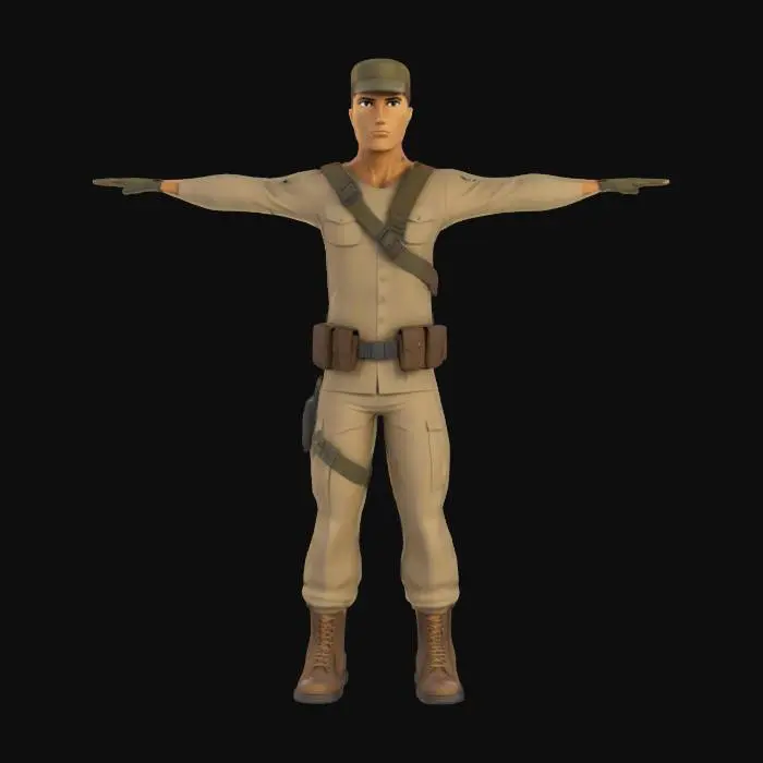 3D model for Ein schlanker Soldat im Cartoon-Stil, ausgestattet mit einer sauber geschnittenen Uniform in einem mehrfarbigen Wüstentarnmuster, das glatte Stoffoberflächen zeigt und Ocker, Hellgrau und Khaki kombiniert. Sein Gesicht trägt einen ruhigen, leicht offenen Ausdruck, passend für einen vielseitigen Spielcharakter. Dunkelbraune, matte Kunststoffriemen und leicht verglaste, dunkelbronze-farbene Schnallen fügen einfache Details hinzu. Die Form des Charakters ist sauber mit weichen Kurven modelliert, optimiert für effizientes Rendering. T-Pose.