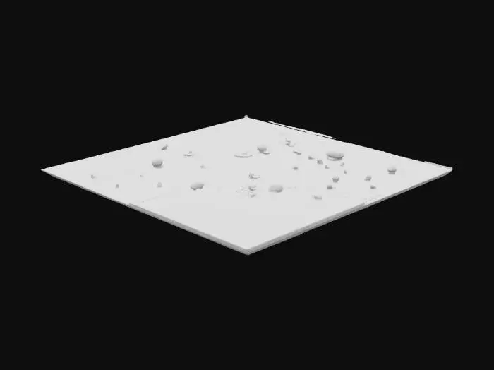 3D model for Un suelo de desierto árido y expansivo, compuesto principalmente por arena fina y suelta de tonos ocre, naranja claro y beige tostado. La superficie presenta ondulaciones suaves formadas por dunas bajas y acumulaciones de arena arrastradas por el viento, con algunas pequeñas rocas angulares y guijarros dispersos de color rojizo. La textura es polvorienta y granular al tacto, con un aspecto seco y resquebrajado en algunas áreas debido a la falta de humedad.