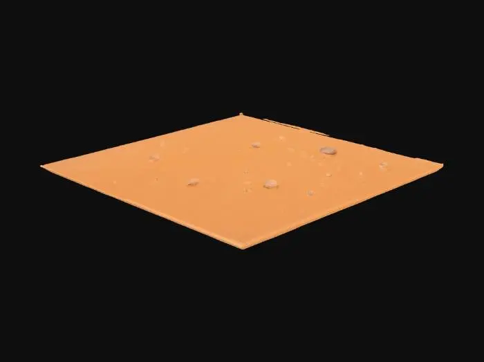 3D model for Un suelo de desierto árido y expansivo, compuesto principalmente por arena fina y suelta de tonos ocre, naranja claro y beige tostado. La superficie presenta ondulaciones suaves formadas por dunas bajas y acumulaciones de arena arrastradas por el viento, con algunas pequeñas rocas angulares y guijarros dispersos de color rojizo. La textura es polvorienta y granular al tacto, con un aspecto seco y resquebrajado en algunas áreas debido a la falta de humedad.