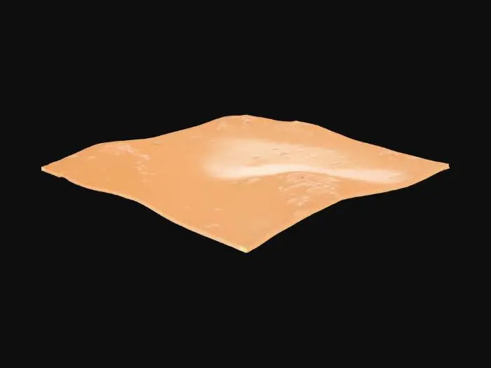 3D model for Un suelo de desierto árido y expansivo, compuesto principalmente por arena fina y suelta de tonos ocre, naranja claro y beige tostado. La superficie presenta ondulaciones suaves formadas por dunas bajas y acumulaciones de arena arrastradas por el viento, con algunas pequeñas rocas angulares y guijarros dispersos de color rojizo. La textura es polvorienta y granular al tacto, con un aspecto seco y resquebrajado en algunas áreas debido a la falta de humedad., #PBR#