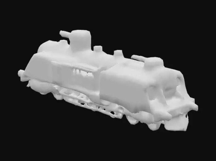 3D model for Un tren blindado de aspecto imponente y robusto, con carrocerías de acero pesado y grueso que recubren completamente los vagones y la locomotora. La superficie metálica es de un color verde oliva oscuro y mate, con marcas de soldadura visibles y grandes remaches que unen las placas de blindaje. Presenta torretas cilíndricas giratorias y ranuras estrechas para armamento en los laterales. Las ruedas son de acero macizo y sus bordes son afilados. La textura general es dura, fría y resistente al tacto.