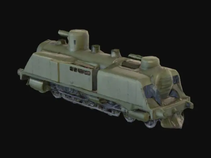 3D model for Un tren blindado de aspecto imponente y robusto, con carrocerías de acero pesado y grueso que recubren completamente los vagones y la locomotora. La superficie metálica es de un color verde oliva oscuro y mate, con marcas de soldadura visibles y grandes remaches que unen las placas de blindaje. Presenta torretas cilíndricas giratorias y ranuras estrechas para armamento en los laterales. Las ruedas son de acero macizo y sus bordes son afilados. La textura general es dura, fría y resistente al tacto.