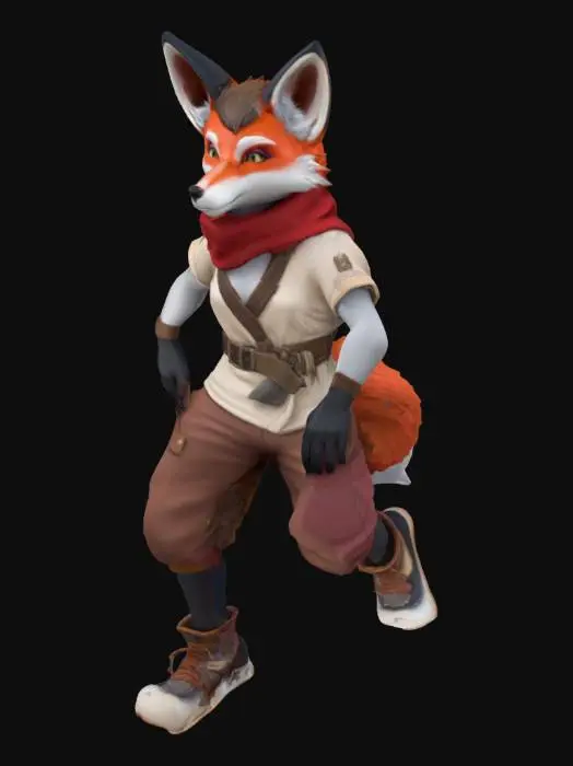 3D model for An overfriendly lean and agile game-ready 3D  stylized high-fantasy art humanoid fox mmorpg character with soft white, red, and black fur. Wearing villager clothes. Long ears, sharp focused eyes and an quick and stealthy appearance

