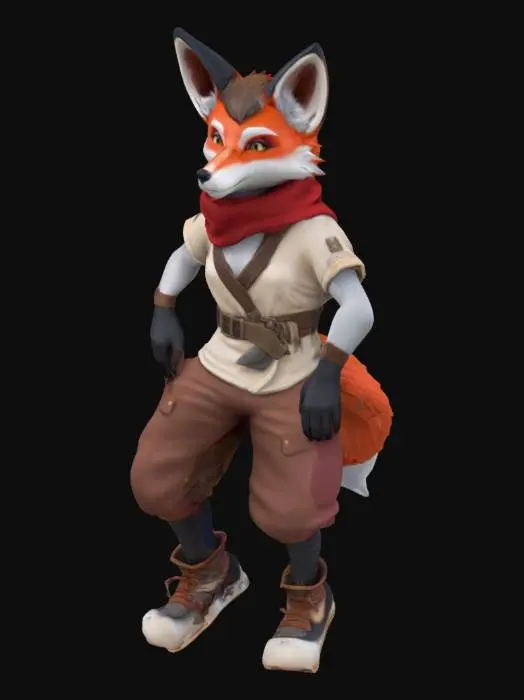 3D model for An overfriendly lean and agile game-ready 3D  stylized high-fantasy art humanoid fox mmorpg character with soft white, red, and black fur. Wearing villager clothes. Long ears, sharp focused eyes and an quick and stealthy appearance

