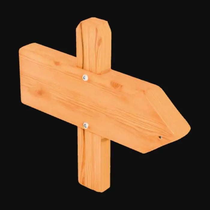 3D model for A stylized wooden sign, simple, with chunky wood panelling, pointing in one direction