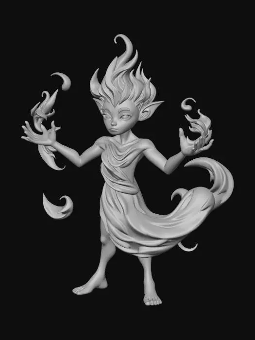 3D model for Stylized fantasy fire spirit character, small floating spark being. Soft glowing ember core body, warm amber and orange color palette. Rounded, friendly silhouette, non-aggressive, cute but not childish. Semi-transparent glowing body with subtle flame wisps flowing sideways, not upward. No legs, no feet, floating slightly above ground. Minimal anatomy, simple shape, single main body mass. Magical emotion-based creature, calm controlled fire energy. Pixar-like stylized 3D character, smooth surfaces, soft lighting, game-ready model.
