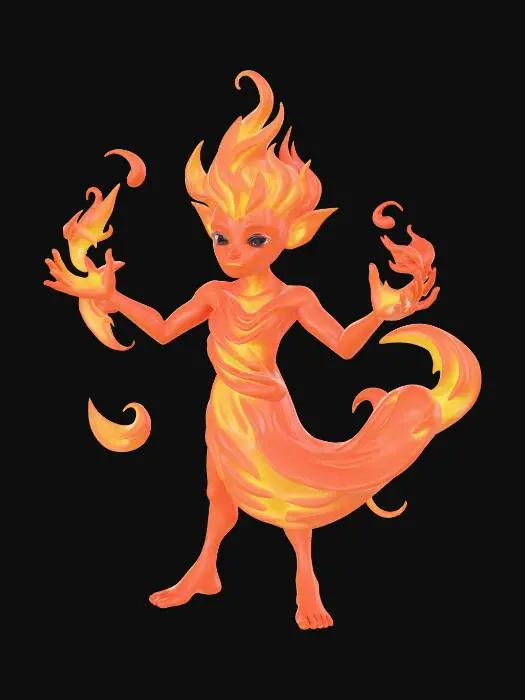 3D model for Stylized fantasy fire spirit character, small floating spark being. Soft glowing ember core body, warm amber and orange color palette. Rounded, friendly silhouette, non-aggressive, cute but not childish. Semi-transparent glowing body with subtle flame wisps flowing sideways, not upward. No legs, no feet, floating slightly above ground. Minimal anatomy, simple shape, single main body mass. Magical emotion-based creature, calm controlled fire energy. Pixar-like stylized 3D character, smooth surfaces, soft lighting, game-ready model.