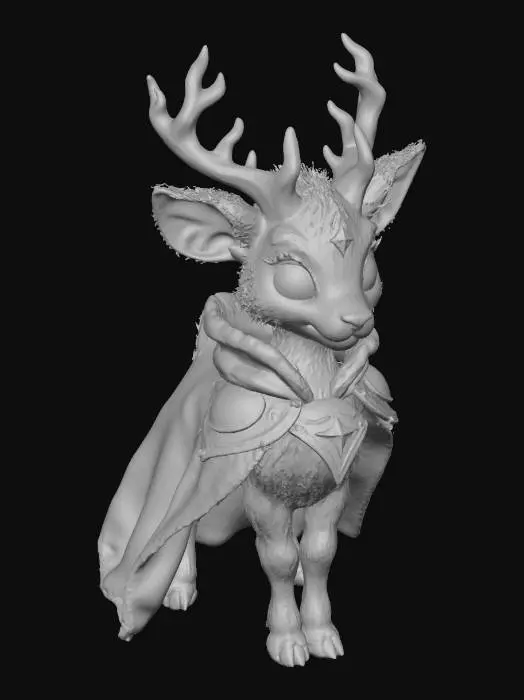 3D model for Cute mythological fawn character, purple fur, glowing cyan antlers, wearing a red velvet cape and golden armor plates on chest, magical fantasy style, 3D game asset, stylized, high fidelity texture, vibrant colors.