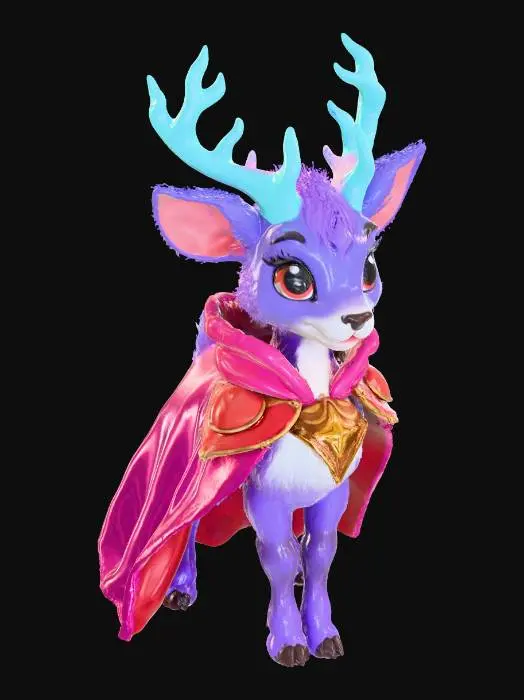 3D model for Cute mythological fawn character, purple fur, glowing cyan antlers, wearing a red velvet cape and golden armor plates on chest, magical fantasy style, 3D game asset, stylized, high fidelity texture, vibrant colors.