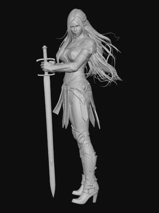 3D model for A stunning female warrior character, powerful and elegant. Athletic yet feminine body, confident posture. Wearing a fantasy battle outfit that is stylish and revealing but practical — leather and metal armor with open details, emphasizing strength and beauty without vulgarity. Long flowing hair, slightly windswept. Sharp, expressive eyes with a fierce yet alluring gaze. Subtle scars telling her battle story. Magical glow accents on armor and weapon. Holding a sword or spear with grace. High-detail fantasy art, cinematic lighting, dramatic atmosphere, game character concept art, ultra detailed, 4K, realistic proportions, heroic, sensual but tasteful, no nudity.