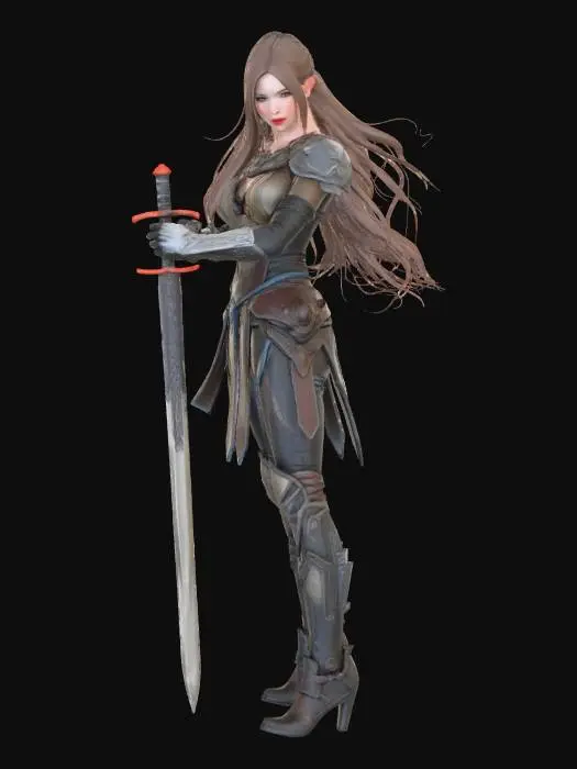 3D model for A stunning female warrior character, powerful and elegant. Athletic yet feminine body, confident posture. Wearing a fantasy battle outfit that is stylish and revealing but practical — leather and metal armor with open details, emphasizing strength and beauty without vulgarity. Long flowing hair, slightly windswept. Sharp, expressive eyes with a fierce yet alluring gaze. Subtle scars telling her battle story. Magical glow accents on armor and weapon. Holding a sword or spear with grace. High-detail fantasy art, cinematic lighting, dramatic atmosphere, game character concept art, ultra detailed, 4K, realistic proportions, heroic, sensual but tasteful, no nudity.