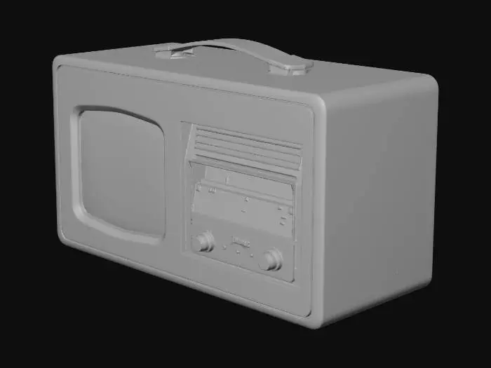 3D model for Create a high-quality 4K PBR texture set for a mid-80 vintage wooden radio. The front panel includes two sections: one side features a coarse burlap-style fabric speaker grill with a dark mesh speaker cone in the center, and the other side includes a black Bakelite control panel with intricate analog frequency dials and gold/copper radio station markings. Add two aged brass knobs with slight patina labeled 'TUNER' and 'VOLUME'. The wooden body should have a rich, polished mahogany finish with visible fine wood grain and slightly worn edges. Include realistic wear, dust accumulation in crevices, and a faint fingerprint smudge near the knobs.