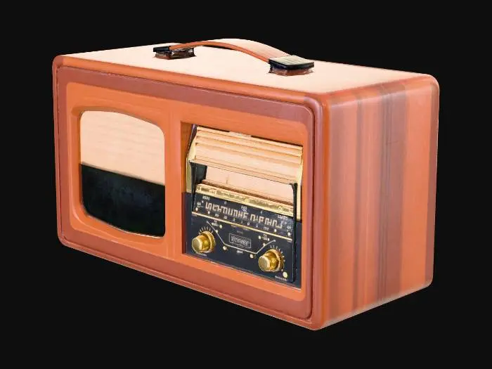 3D model for Create a high-quality 4K PBR texture set for a mid-80 vintage wooden radio. The front panel includes two sections: one side features a coarse burlap-style fabric speaker grill with a dark mesh speaker cone in the center, and the other side includes a black Bakelite control panel with intricate analog frequency dials and gold/copper radio station markings. Add two aged brass knobs with slight patina labeled 'TUNER' and 'VOLUME'. The wooden body should have a rich, polished mahogany finish with visible fine wood grain and slightly worn edges. Include realistic wear, dust accumulation in crevices, and a faint fingerprint smudge near the knobs.