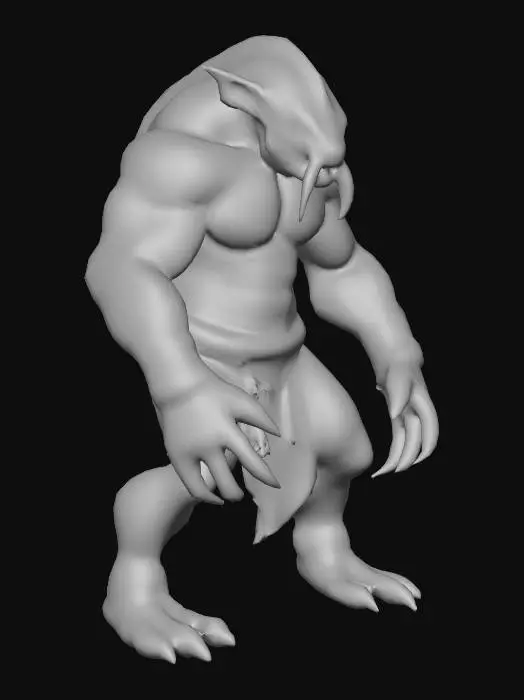 3D model for A highly detailed fantasy monster model with a massive, muscular body and rough, pale green skin covered in dark green scales and black spots. It has a fierce face with glowing yellow eyes, sharp tusks, and pointed ears. The creature wears weathered silver wristbands and a dark brown fur loincloth with a metal belt. Its large hands and feet have sharp, dark claws, giving it a powerful and battle-ready appearance, in a t-spon postion