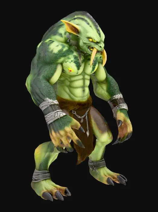 3D model for A highly detailed fantasy monster model with a massive, muscular body and rough, pale green skin covered in dark green scales and black spots. It has a fierce face with glowing yellow eyes, sharp tusks, and pointed ears. The creature wears weathered silver wristbands and a dark brown fur loincloth with a metal belt. Its large hands and feet have sharp, dark claws, giving it a powerful and battle-ready appearance, in a t-spon postion