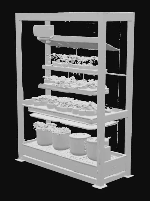 3D model for Create a realistic 3D model of an indoor hydroponic growing chamber (2.5m × 1.5m × 2m) with aluminum frame and reflective Mylar-lined walls. Ceiling has full-spectrum LED grow panels on adjustable rails with a small timer box. Include two systems: (1) soil section with shallow trays and self-watering pots, (2) hydroponic NFT with stacked white PVC pipes and net cups. Add leafy greens (lettuce, spinach, kale, arugula, Swiss chard) at different growth stages. Climate control: wall fans, humidifier with mist, compact heater, carbon filter vent. Hydro system has reservoir tank, pump, tubing; soil section has drip irrigation lines. Floor is black rubber mat. Render in photorealistic PBR with LED glow.