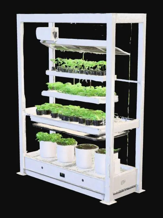 3D model for Create a realistic 3D model of an indoor hydroponic growing chamber (2.5m × 1.5m × 2m) with aluminum frame and reflective Mylar-lined walls. Ceiling has full-spectrum LED grow panels on adjustable rails with a small timer box. Include two systems: (1) soil section with shallow trays and self-watering pots, (2) hydroponic NFT with stacked white PVC pipes and net cups. Add leafy greens (lettuce, spinach, kale, arugula, Swiss chard) at different growth stages. Climate control: wall fans, humidifier with mist, compact heater, carbon filter vent. Hydro system has reservoir tank, pump, tubing; soil section has drip irrigation lines. Floor is black rubber mat. Render in photorealistic PBR with LED glow.