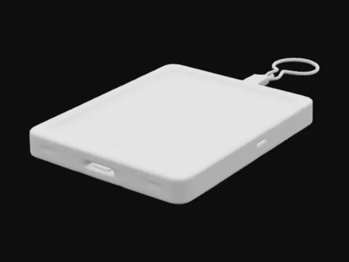 3D model for A sleek, portable solar charger with a thin, rectangular design, rounded edges, and a matte black aluminum body. The top features deep blue solar panels with a reflective glass layer. The sides have USB-C, USB-A ports, and an LED battery display. A foldable aluminum kickstand allows for angling, and a carabiner hook adds portability. The SunPod logo glows green when charging. The model has realistic textures, soft shadows, and accurate details