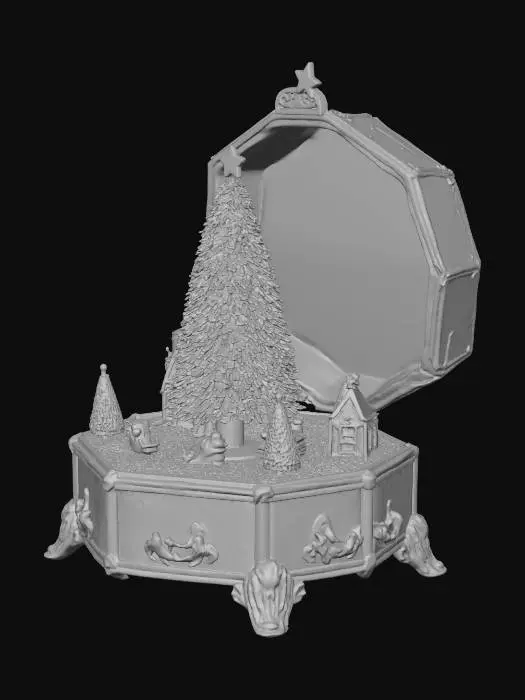 3D model for 크리스마스 마을이 안에 들어있는 오르골. 중앙에는 크리스마스 트리 모형이 있어야함. 안이 밖에서 보이는 구조이여함.