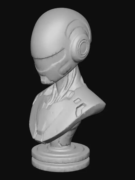 3D model for original sci-fi robotic bust, Echo-1 "Origin", first generation AI unit, minimal and clean prototype design.
smooth helmet with simple faceplate, no aggressive features, very subtle panel lines, almost seamless armor.
slim upper torso, lightweight armor, minimal detail, clean surfaces, futuristic but simple.
design style: smooth flowing contours, no sharp edges, no blocky geometry, soft curves.
color regions defined by very shallow grooves only, minimal segmentation.
single solid mesh, watertight, manifold, no holes, no gaps, no floating parts, no thin walls.
symmetrical, front-facing, mounted on a simple circular base matching a collection series.
medium-low detail, optimized for 3d printing, clean topology.