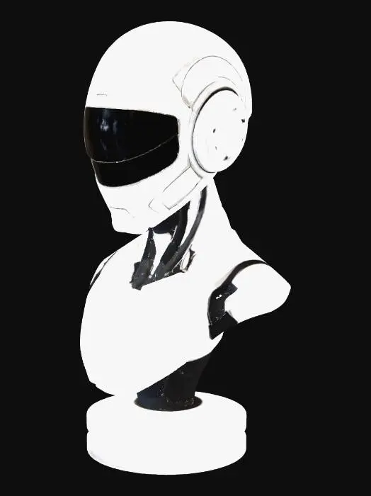 3D model for original sci-fi robotic bust, Echo-1 "Origin", first generation AI unit, minimal and clean prototype design.
smooth helmet with simple faceplate, no aggressive features, very subtle panel lines, almost seamless armor.
slim upper torso, lightweight armor, minimal detail, clean surfaces, futuristic but simple.
design style: smooth flowing contours, no sharp edges, no blocky geometry, soft curves.
color regions defined by very shallow grooves only, minimal segmentation.
single solid mesh, watertight, manifold, no holes, no gaps, no floating parts, no thin walls.
symmetrical, front-facing, mounted on a simple circular base matching a collection series.
medium-low detail, optimized for 3d printing, clean topology.